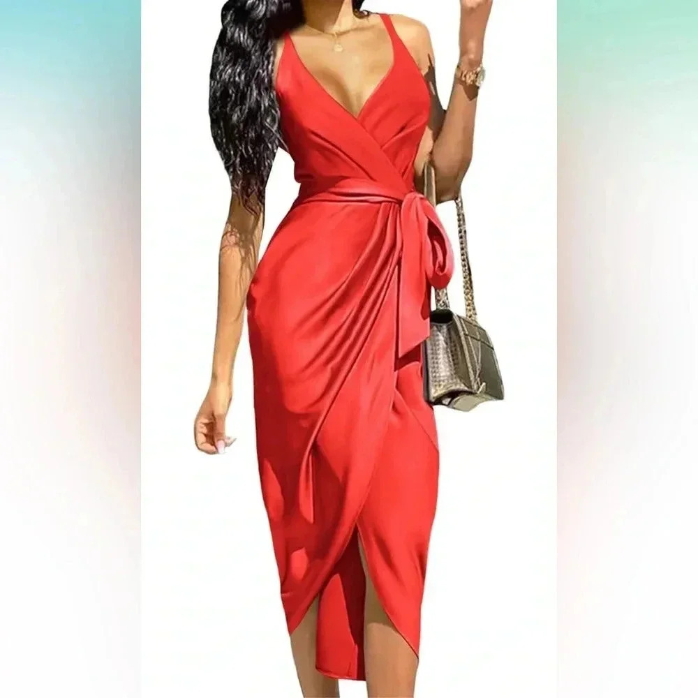 Satin V Neck Ruched Wrap Sleeveless Tie Waist Slit Cocktail Midi Dress NEW, L